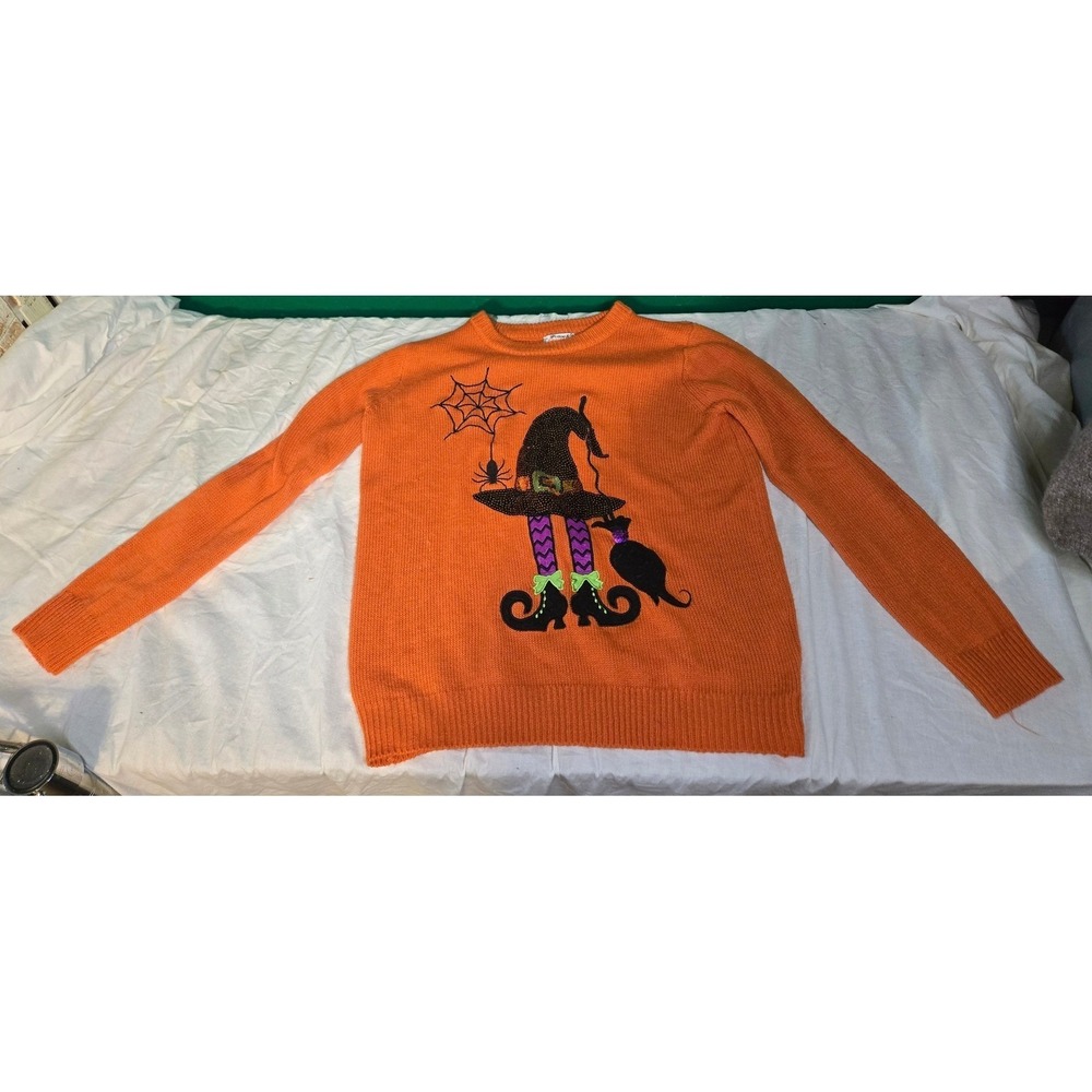 Witchy Halloween Sweater Poof Small Vintage Sequin Embroidery Witch Orange